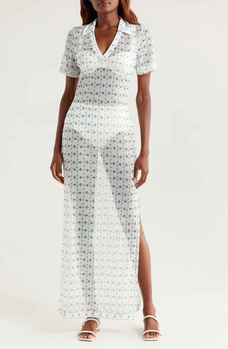 Hutch Sheer Mesh Cover-Up Shirtdress, Main, color, White/ Blue Floral