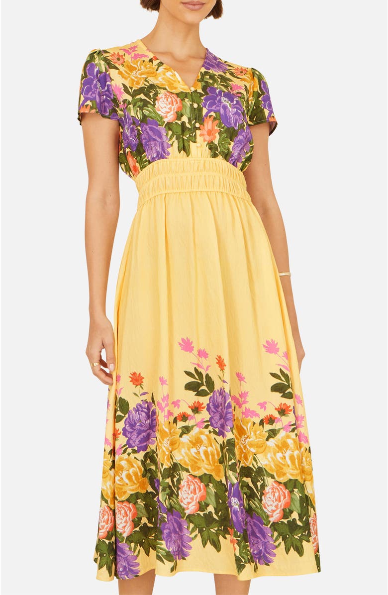 Yumi Floral Mirror Print Viscose Midi Dress, Alternate, color, Butter Yellow