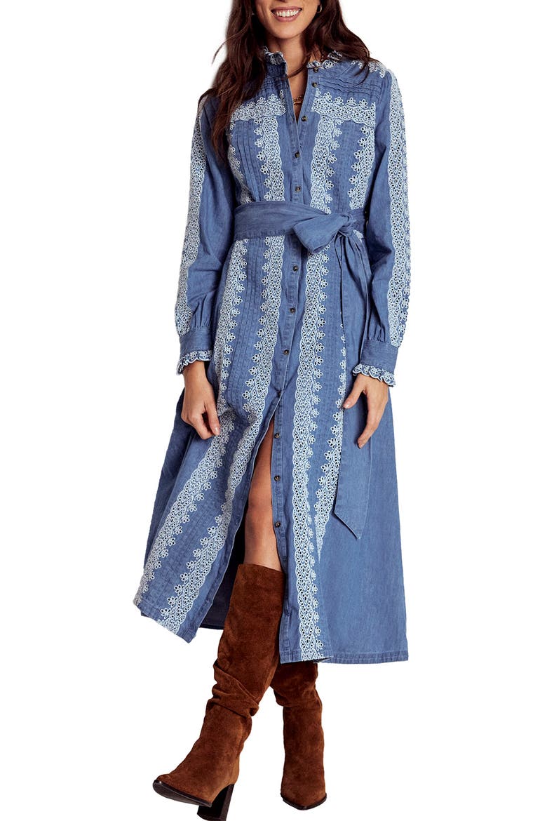 Ruffle Embroidered Long Sleeve Chambray Shirtdress, Main, color, LIGHT BLUE CHAMBRAY