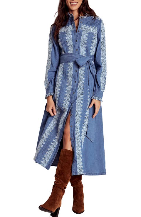 Ruffle Embroidered Long Sleeve Chambray Shirtdress