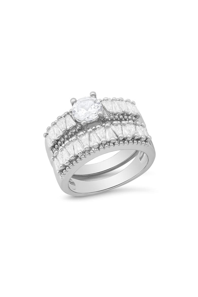 Round & Tapered Baguette Cut Simulated Diamond Ring, Main, color, SILVER