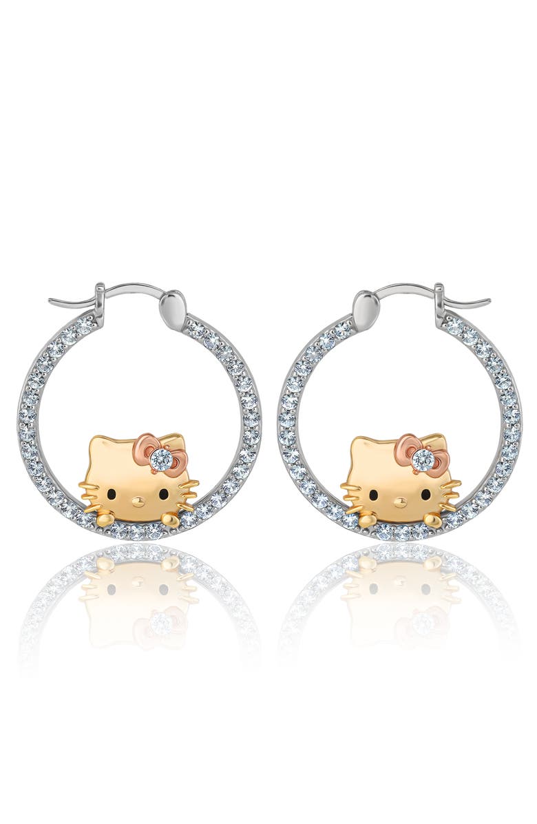 Hello Kitty Tri-Color Pop Up White Sapphire Hoop Earrings, Main, color, Gold/Silver