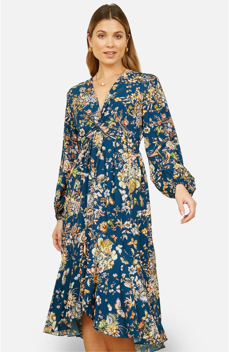 Yumi Tie Knot Front Long Sleeve Midi Dress, Alternate, color, Navy