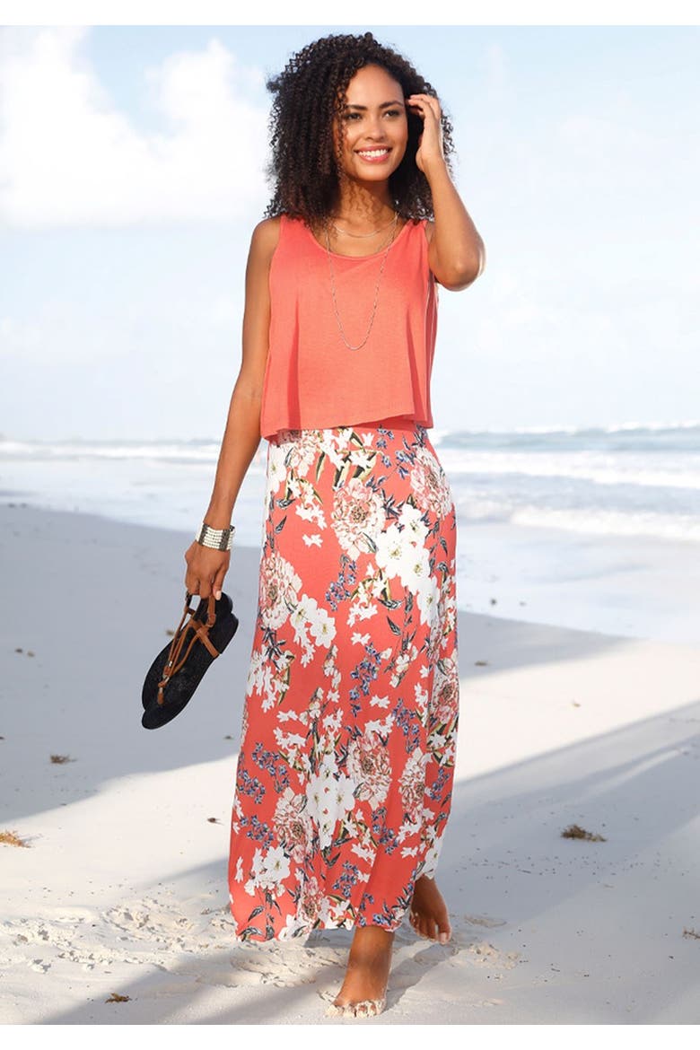 Women's Layered Look Maxi Dress, Alternate, color, Coral-Patterned