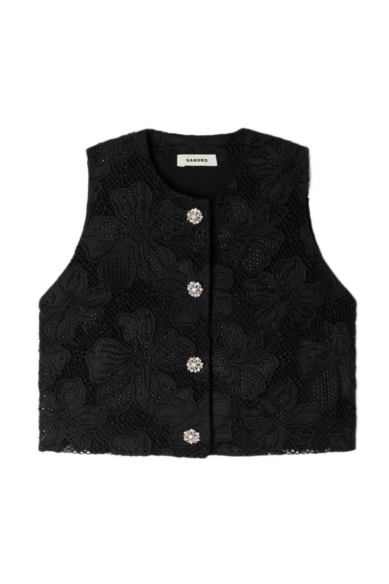 Embroidered guipure crop top, Alternate, color, Black