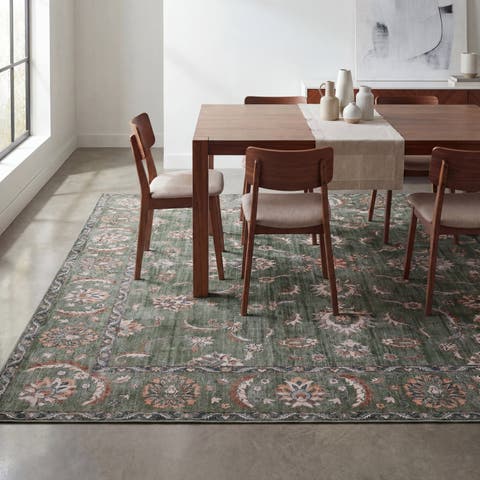 Arabella Vintage Floral Border Non-Slip Machine-Washable Beige/Cream 9 ft. x 12 ft. Area Rug