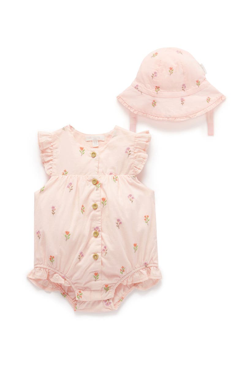 Purebaby Embroidered Bodysuit & Sunhat, Main, color, Sprig Broderie