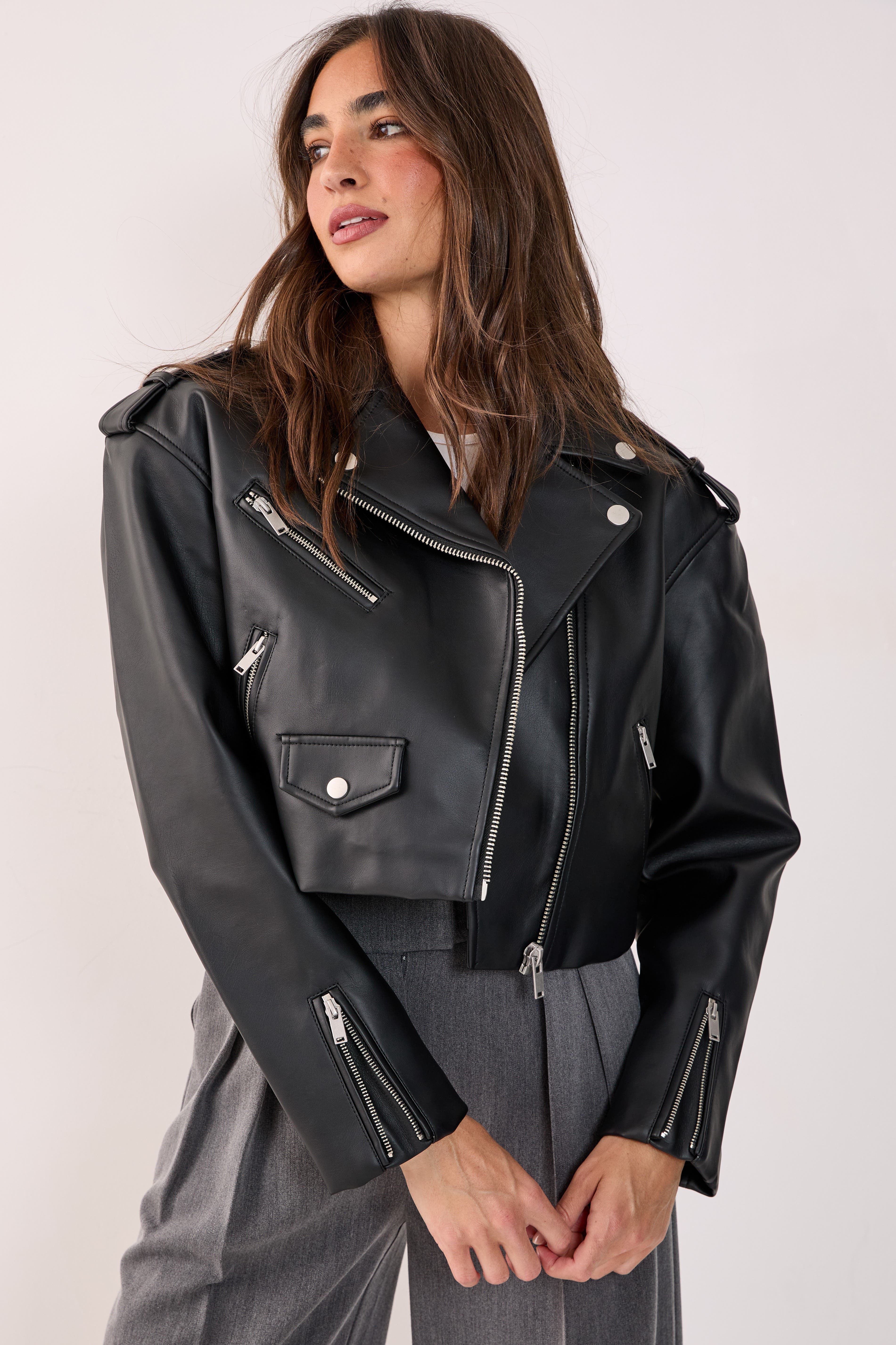Faux Leather Boxy Biker