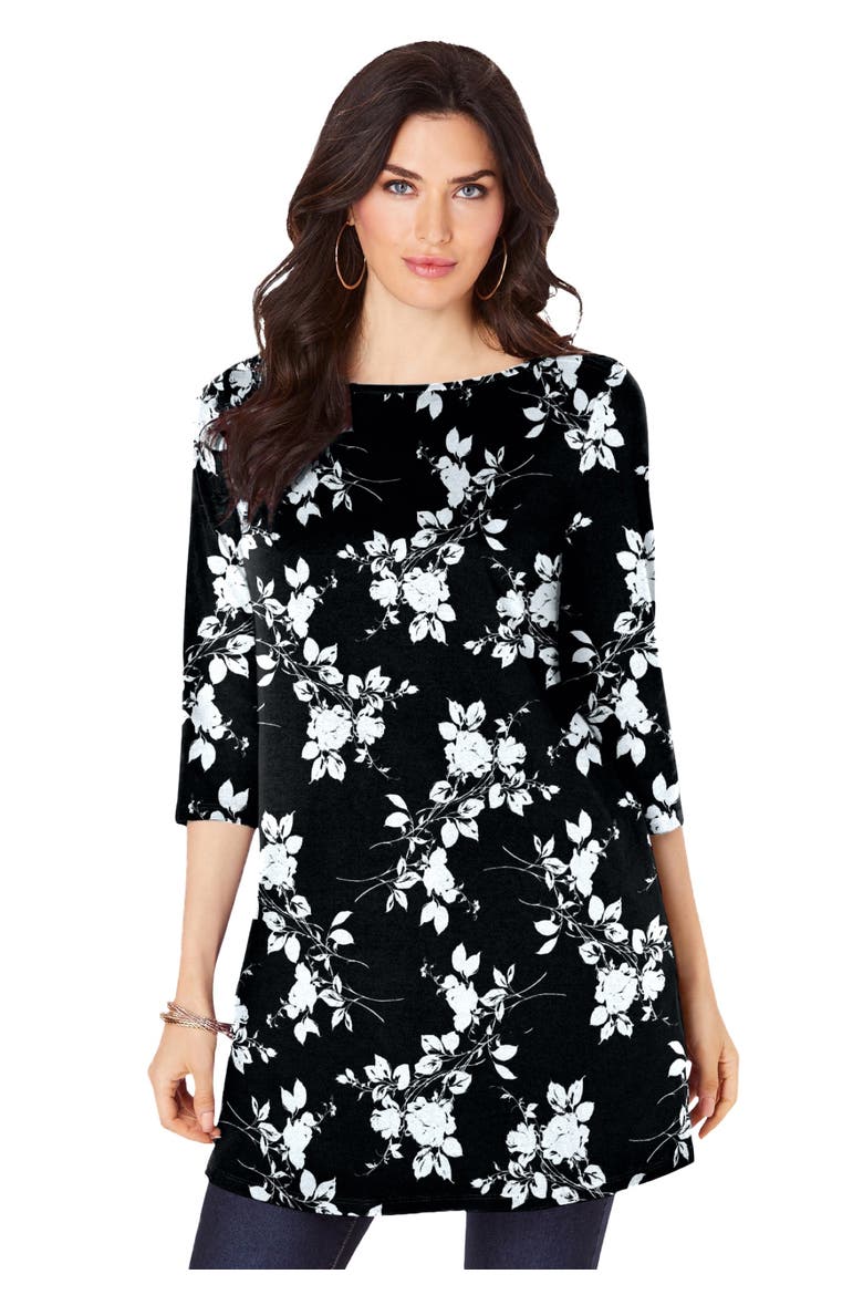 Plus Size Cotton Ultimate Boatneck Tunic With Side Slits, Main, color, BLACK IVORY FLORAL