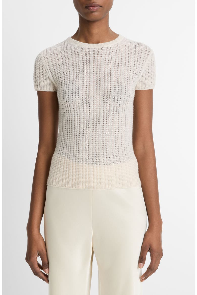 Waffle Stitch Short Sleeve Cashmere & Silk Sweater, Main, color, WHITE SAND