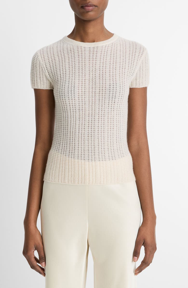 Vince Waffle Stitch Short Sleeve Cashmere & Silk Sweater, Main, color, White Sand