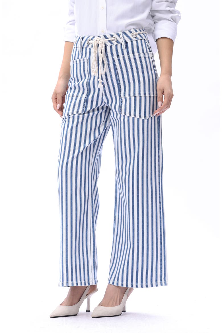 Tamsin Drawstring High Waist Wide Leg Jeans, Alternate, color, WHITE AND BLUE