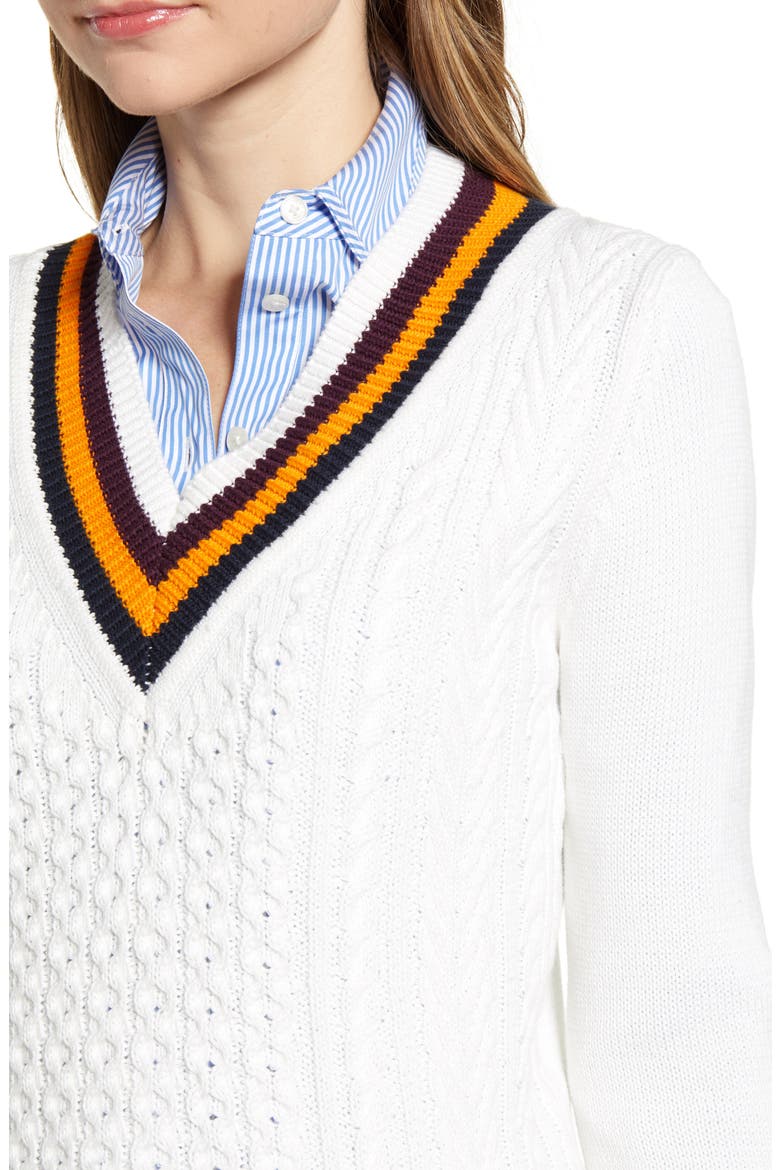 Tipped V-Neck Varsity Sweater, Alternate, color, IVORY MULTI