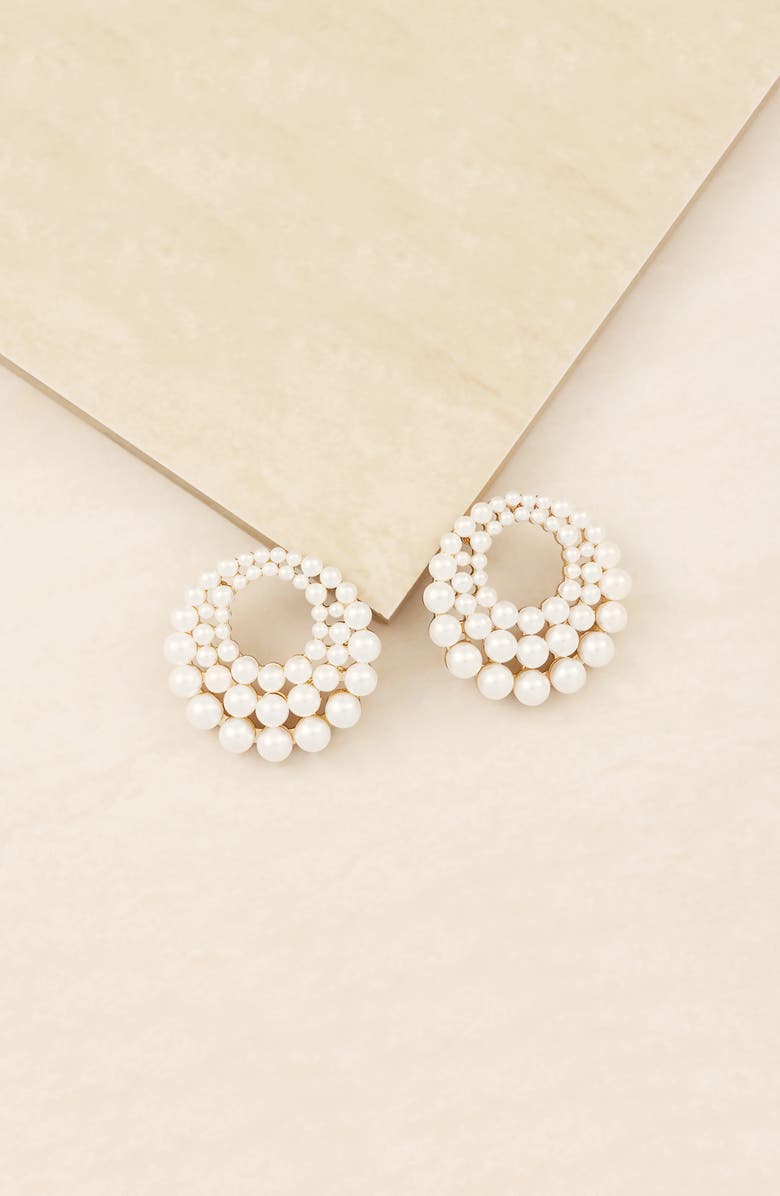 Ettika Imitation Pearl Statement Frontal Hoop Earrings, Alternate, color,