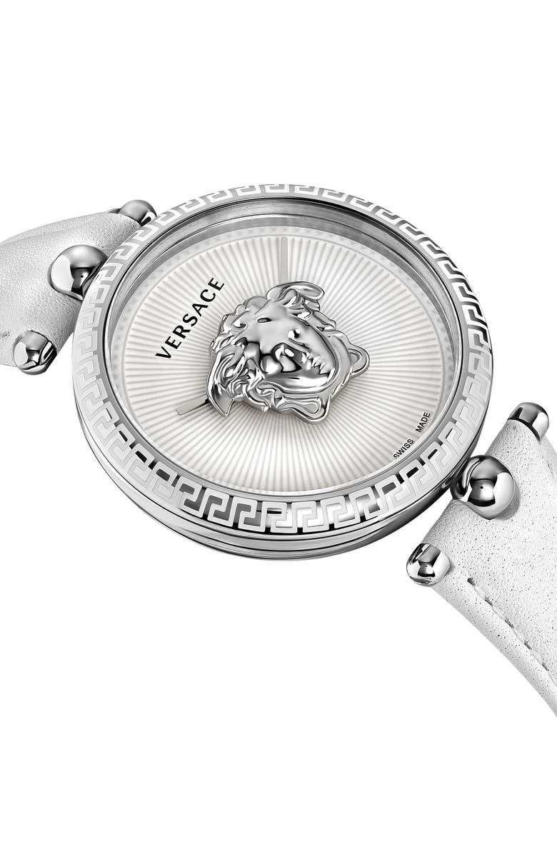 Versace Palazzo Empire Leather Strap Watch, 39mm, Alternate, color, Stainless Steel