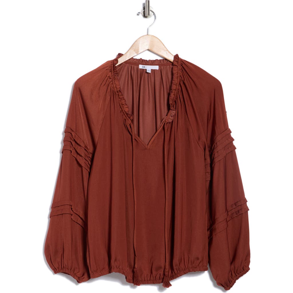 Dr2 By Daniel Rainn Tie Front Long Sleeve Satin Top In Brown