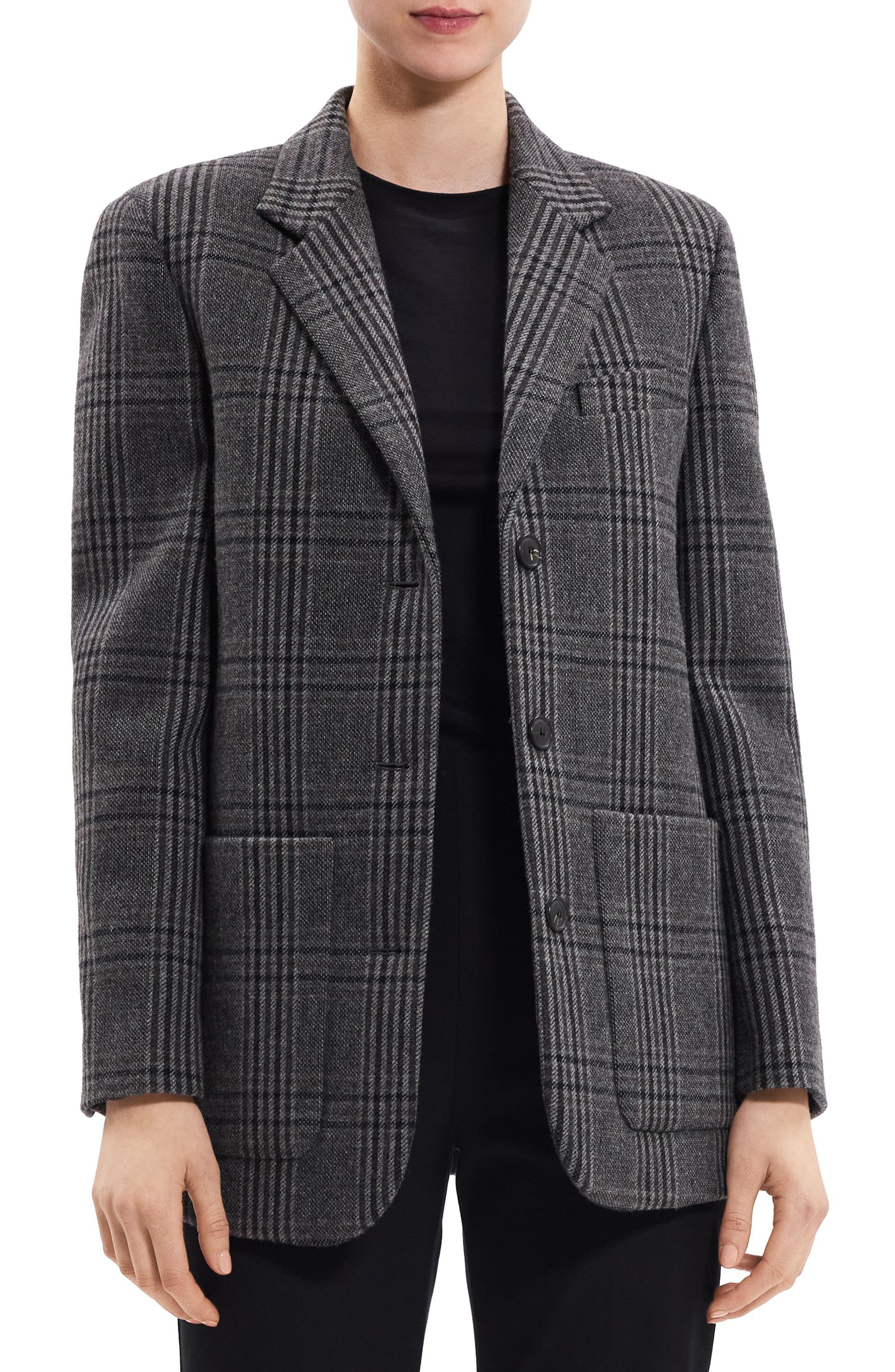Theory Plaid Elbow Patch Recycled Wool Blend Jacket