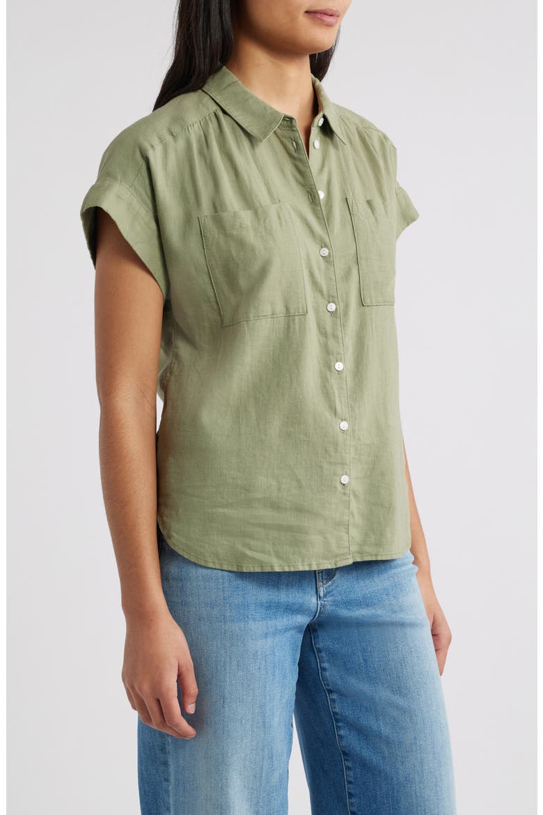 Linen Blend Short Sleeve Button-Up Shirt, Alternate, color, OLIVE ACORN