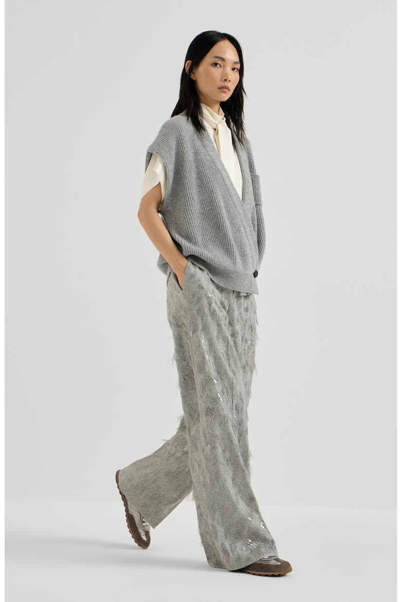 Virgin wool and cashmere twill flannel loose flared trousers with dazzling lynx embroidery, Alternate, color, Grey