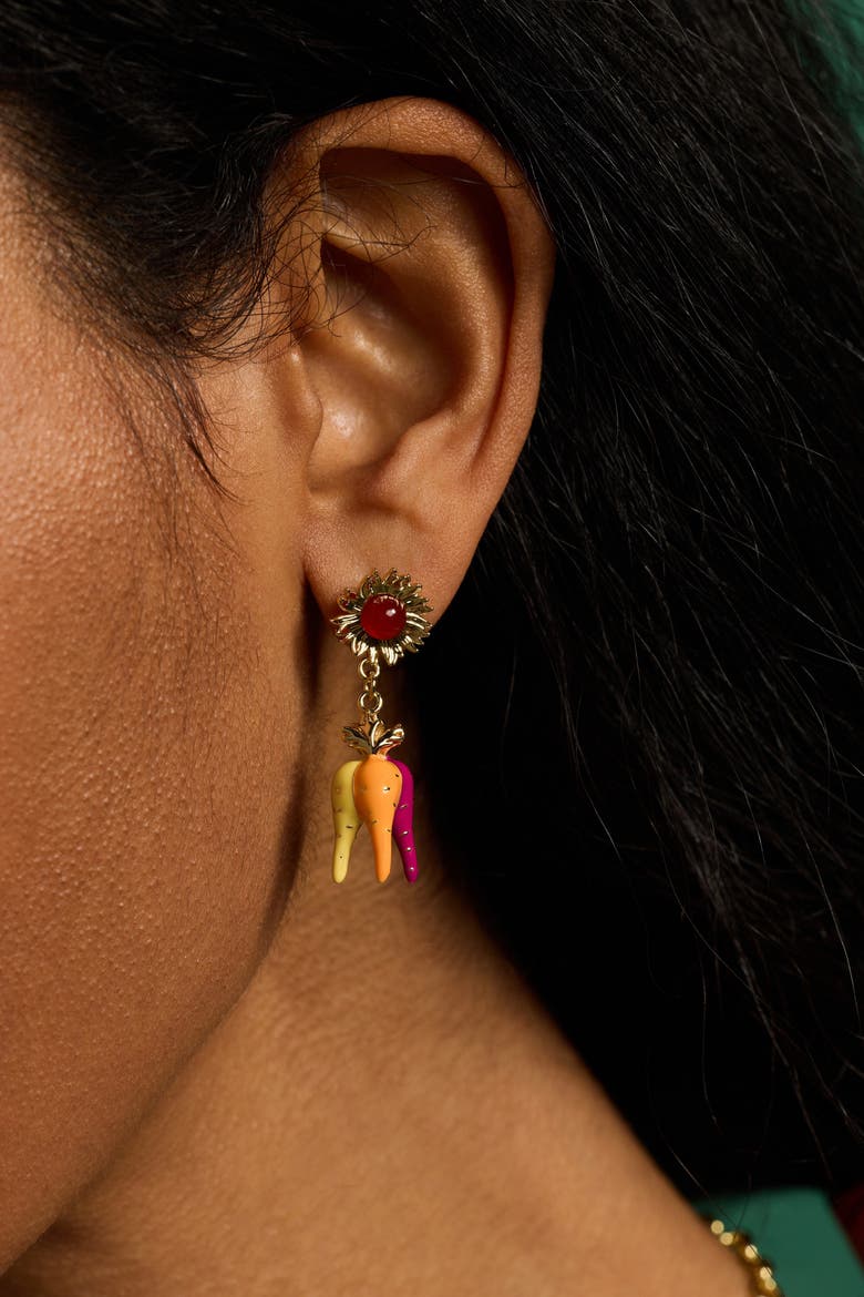 Farmers' Market Sunflower & Rainbow Carrot Drop Earrings, Alternate, color, Gold