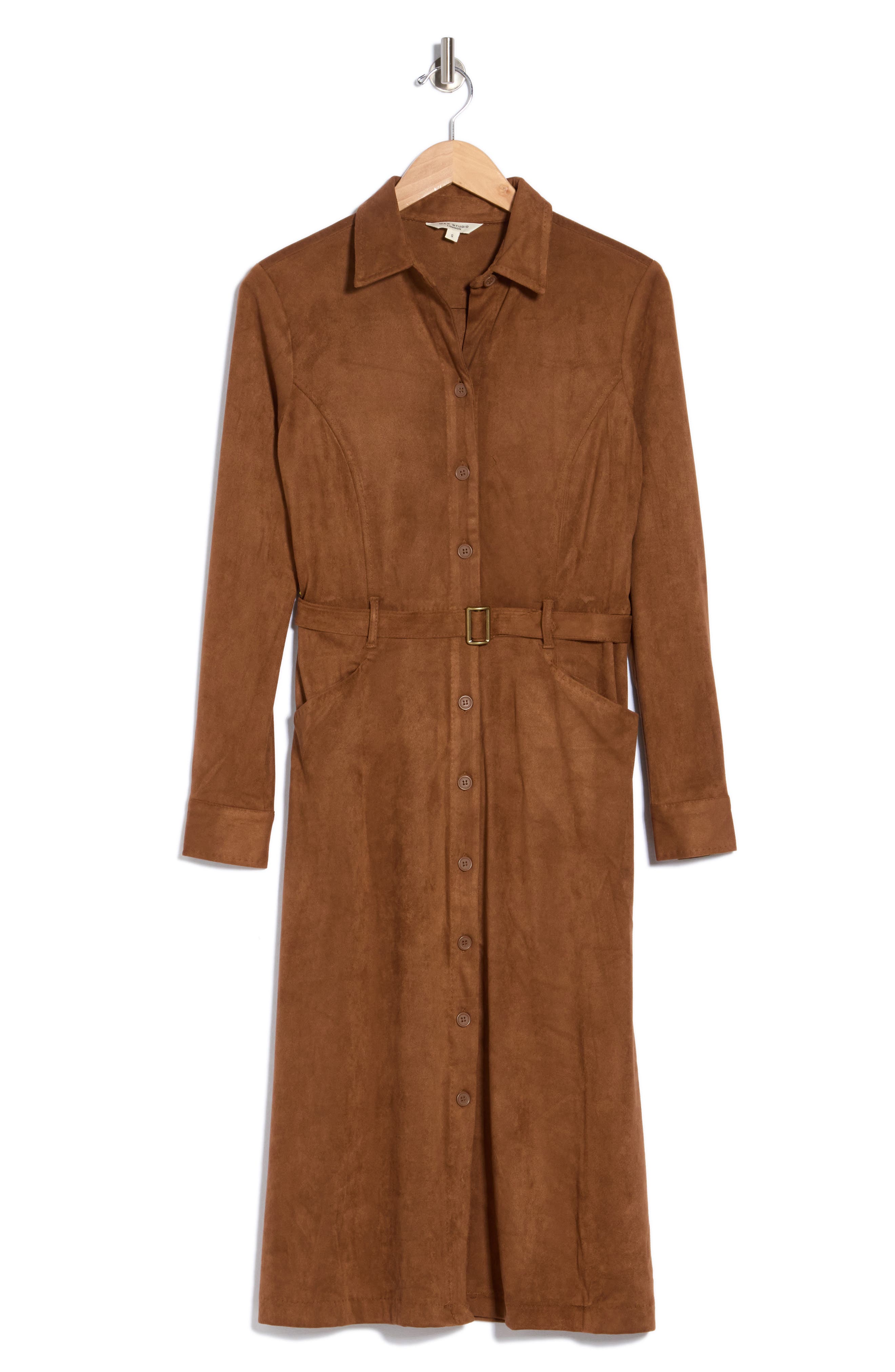 Faux Suede Long Sleeve Belted Shirtdress