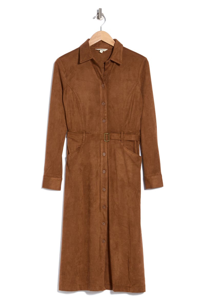 Faux Suede Long Sleeve Belted Shirtdress, Main, color, SADDLE-SADDLE