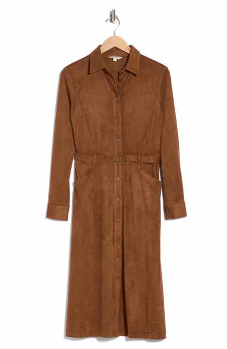 Faux Suede Long Sleeve Belted Shirtdress