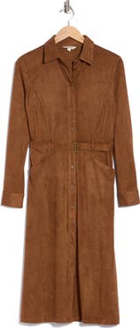 MAX STUDIO Faux Suede Long Sleeve Belted Shirtdress
