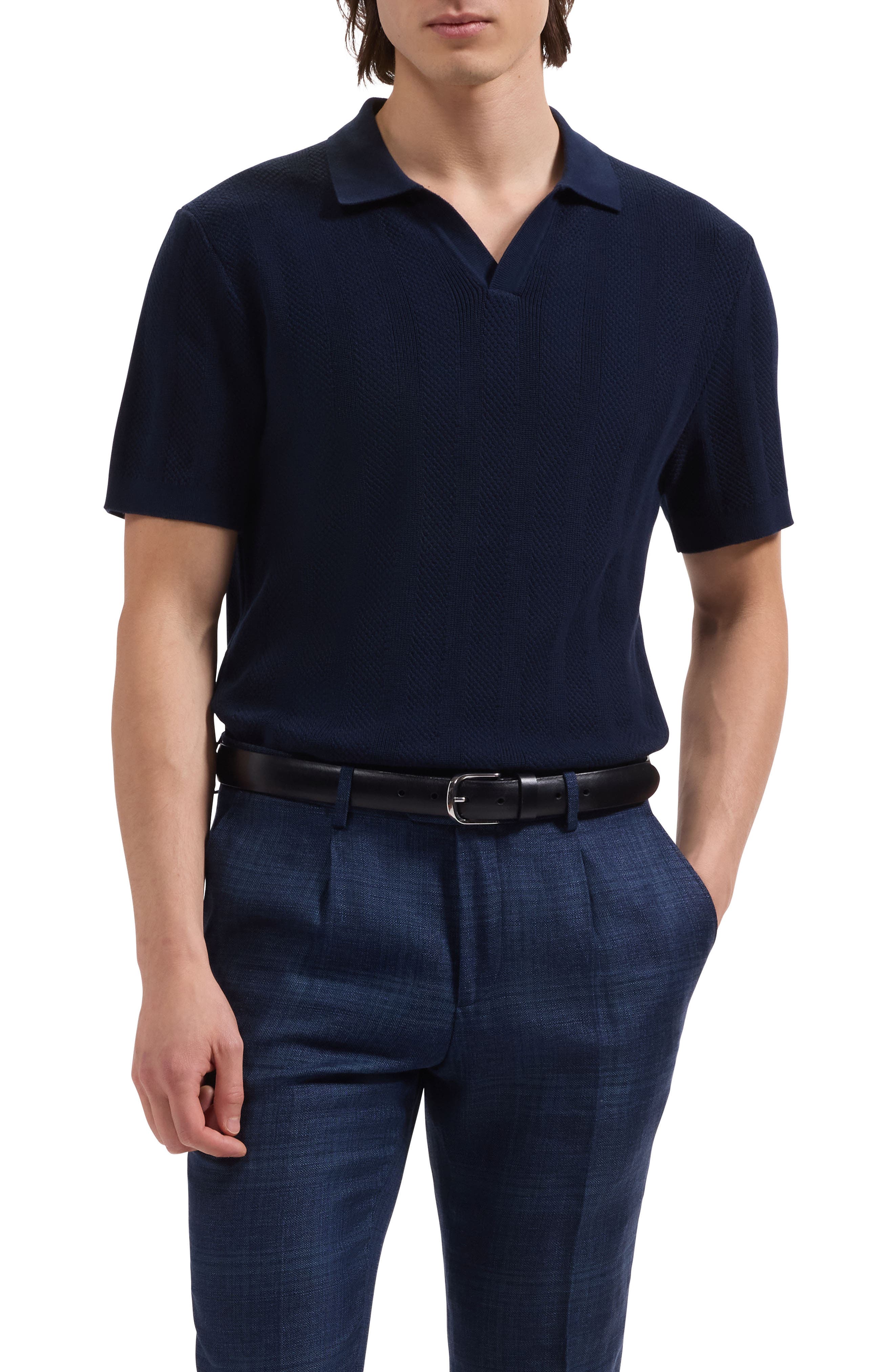 Johnny Collar Basket Stitch Cotton Blend Short Sleeve Sweater - image 5