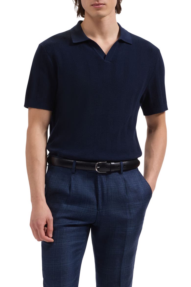 Johnny Collar Basket Stitch Cotton Blend Short Sleeve Sweater, Main, color, NAVY
