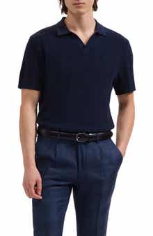 Johnny Collar Basket Stitch Cotton Blend Short Sleeve Sweater