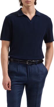Bugatchi Johnny Collar Basket Stitch Cotton Blend Short Sleeve Sweater