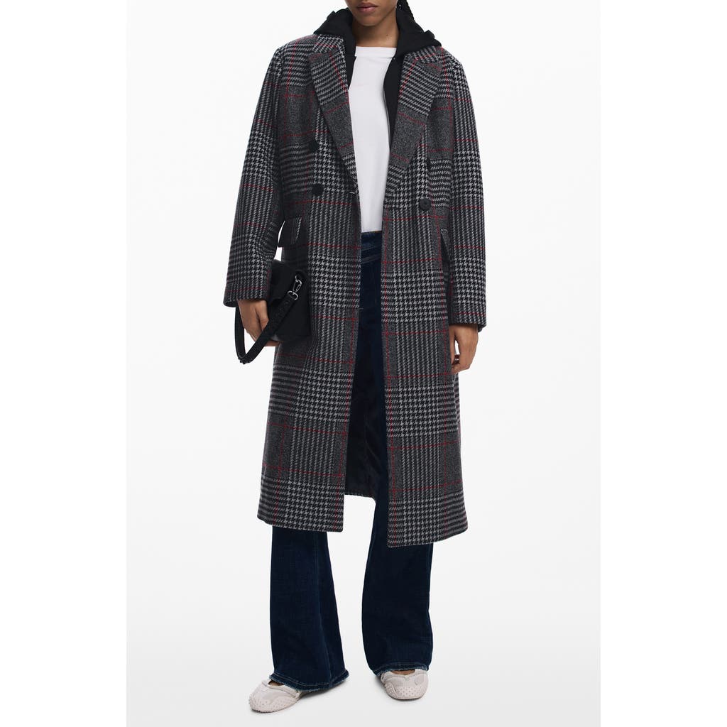 Desigual Tartan Plaid Overcoat With Removable Hood Inset In Gray