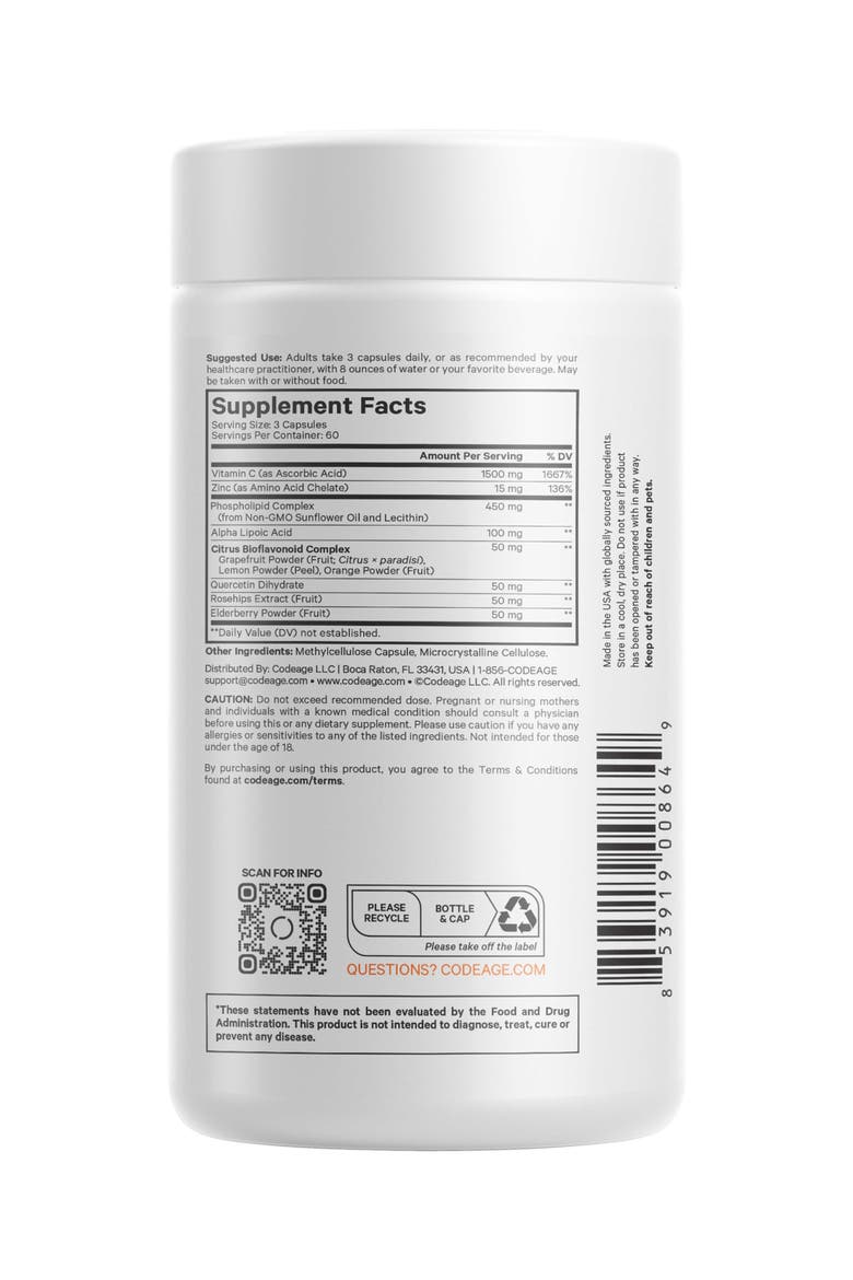 Liposomal Vitamin C 1500mg + Zinc Supplement, Alternate, color, White