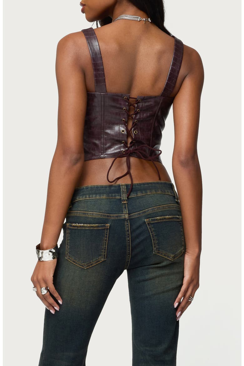 Shana Croc Embossed Faux Leather Corset Top, Alternate, color, BROWN