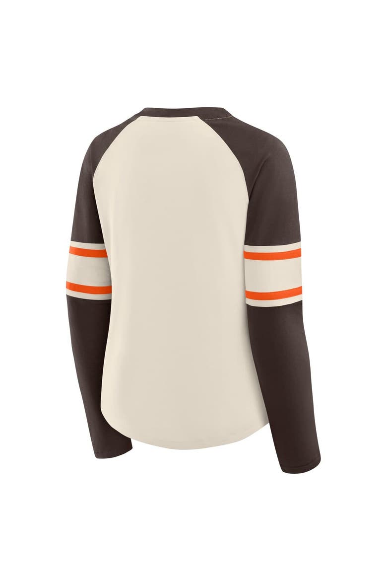 Women's Fanatics Cream/Brown Cleveland Browns Hometown Gridiron Hero Raglan Lace-Up V-Neck Long Sleeve T-Shirt, Alternate, color, Cream