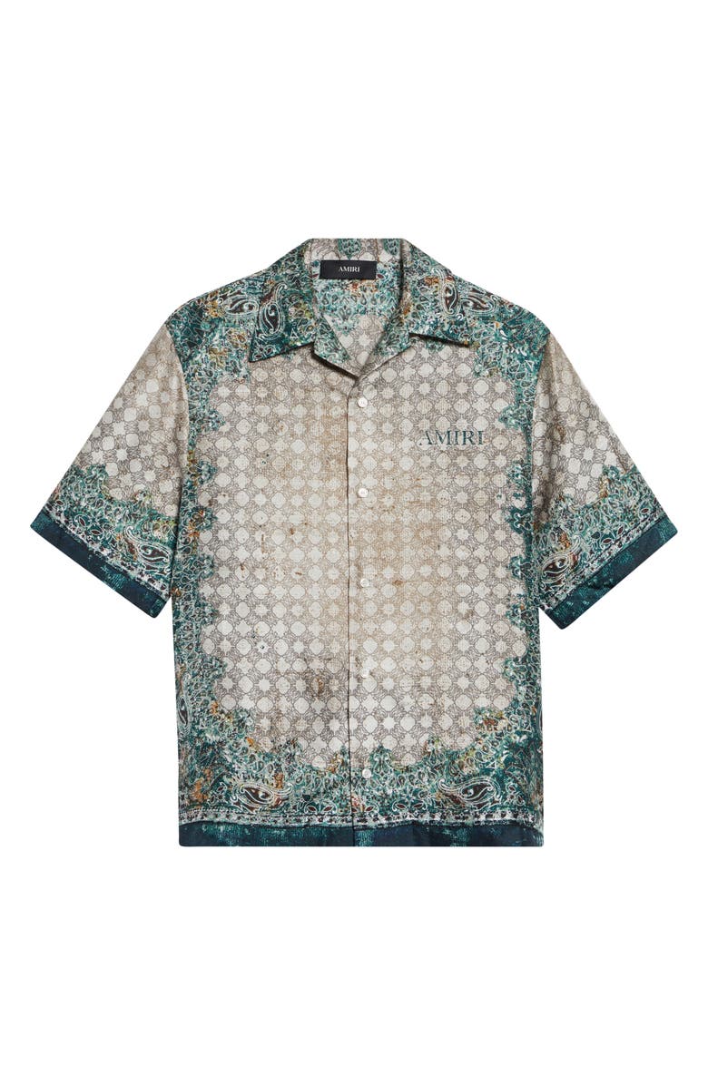 AMIRI Monogram Bandana Print Silk Bowling Shirt, Main, color, Multi Archived