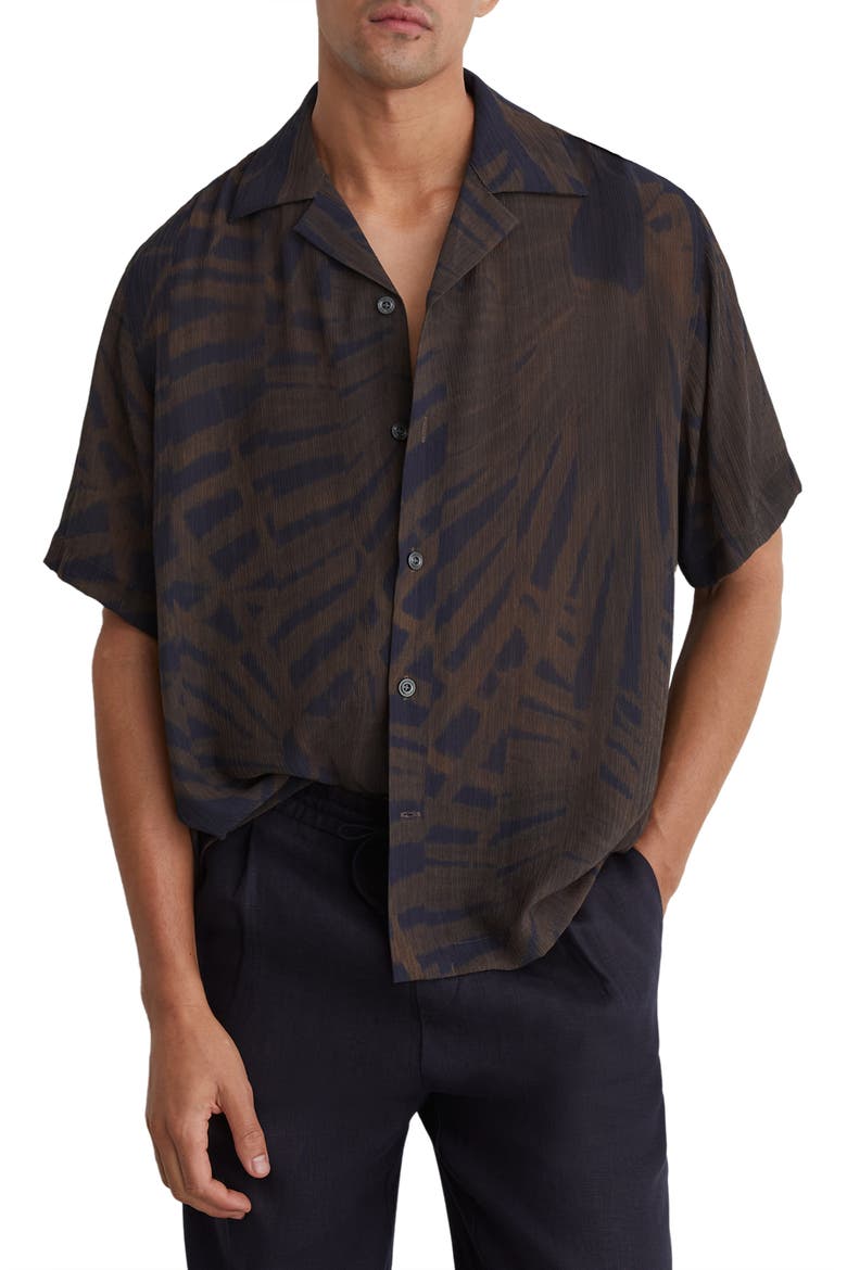 Shindora Relaxed Fit Palm Print Camp Shirt, Main, color, NAVY/ BROWN
