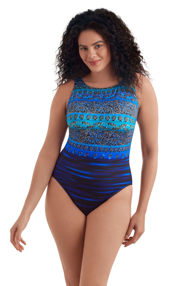 Longitude Scoopback Highneck High Leg Long Torso One-Piece Swimsuit, Main, color, Just Shine