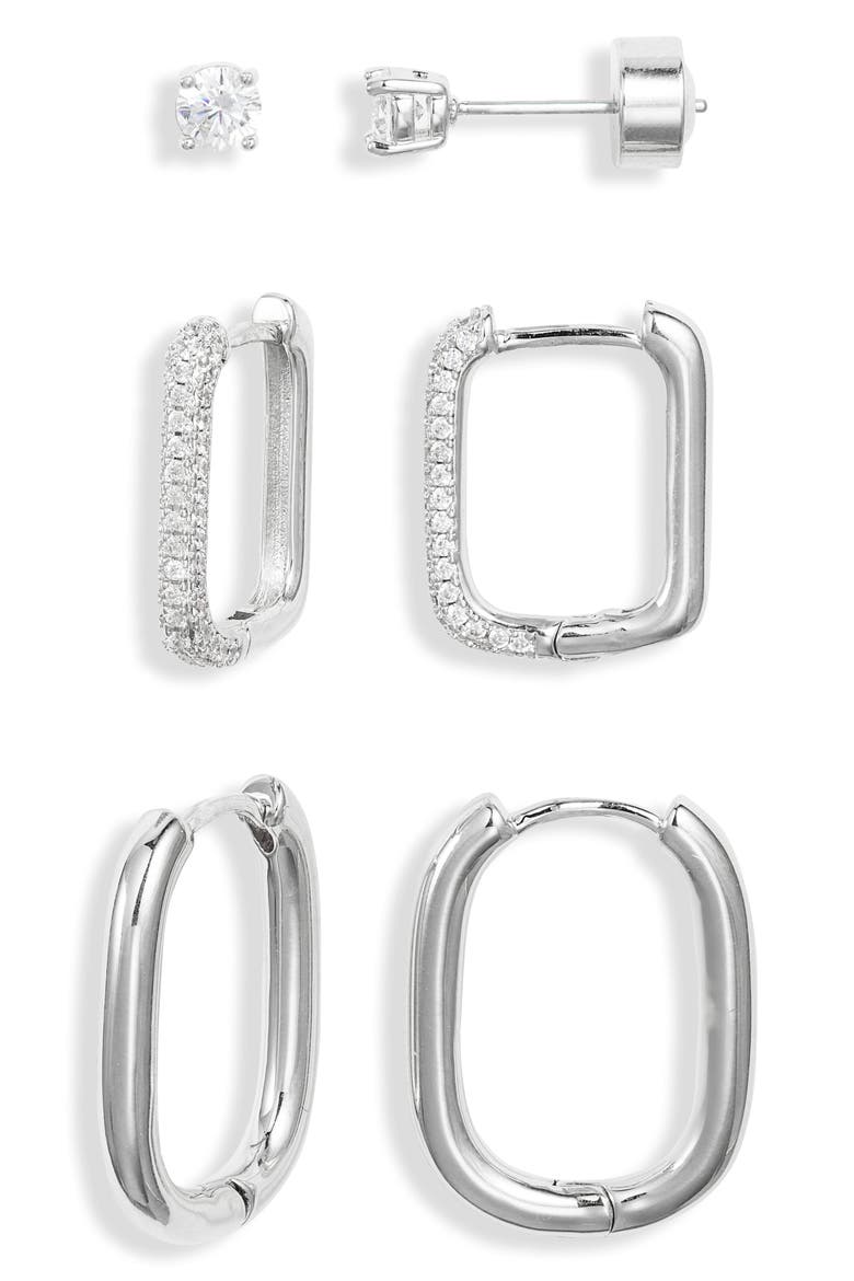 Set of 3 Studs & Square Pavé Hoop Earring Set, Main, color, CLEAR- SILVER