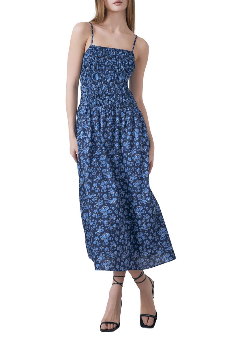 Floral Print Smocked Sleeveless Maxi Dress, Main, color, NAVY MULTI