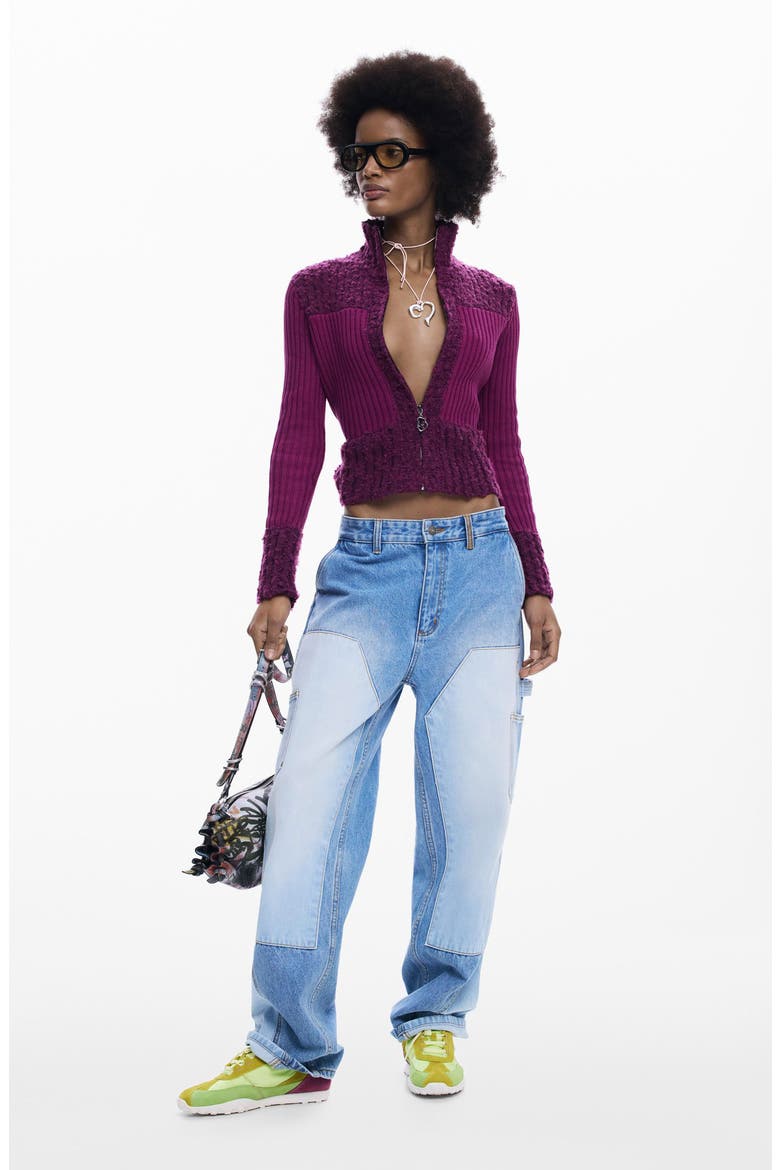 Mixed Stitch Zip Cardigan, Alternate, color, PURPLE