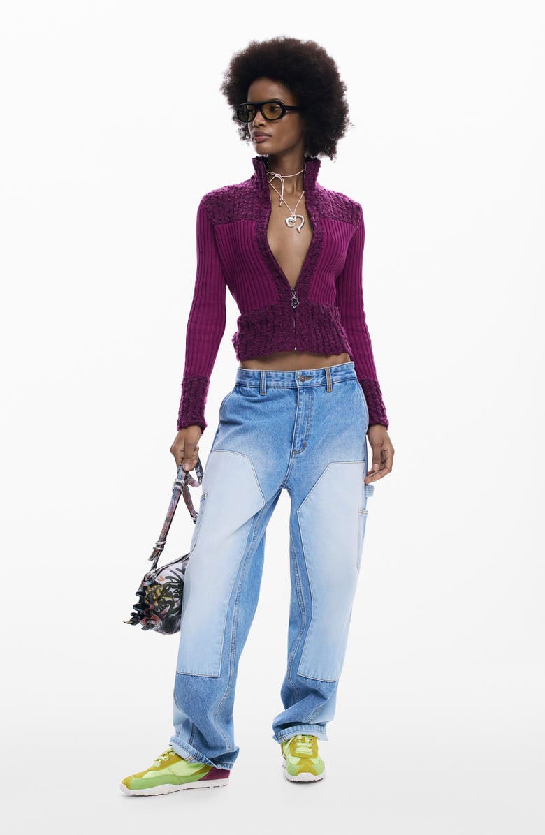 Desigual Mixed Stitch Zip Cardigan, Alternate, color, Purple