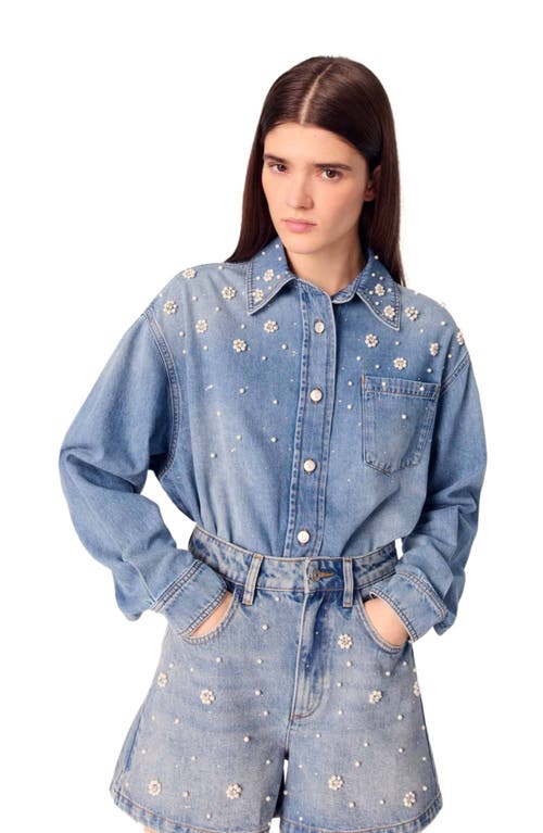Maje Womens Flower-embellished High-rise Denim Shorts Bleus In Blue
