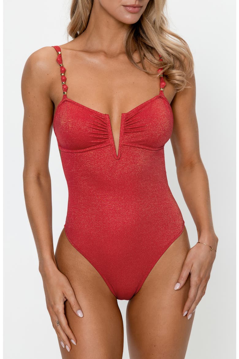 V-Wire Shimmer One-Piece Swimsuit, Alternate, color, Red
