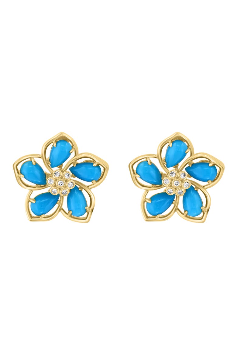 18k Gold Plated Sterling Silver Diamond Flower Stud Earrings, Alternate, color, BLUE