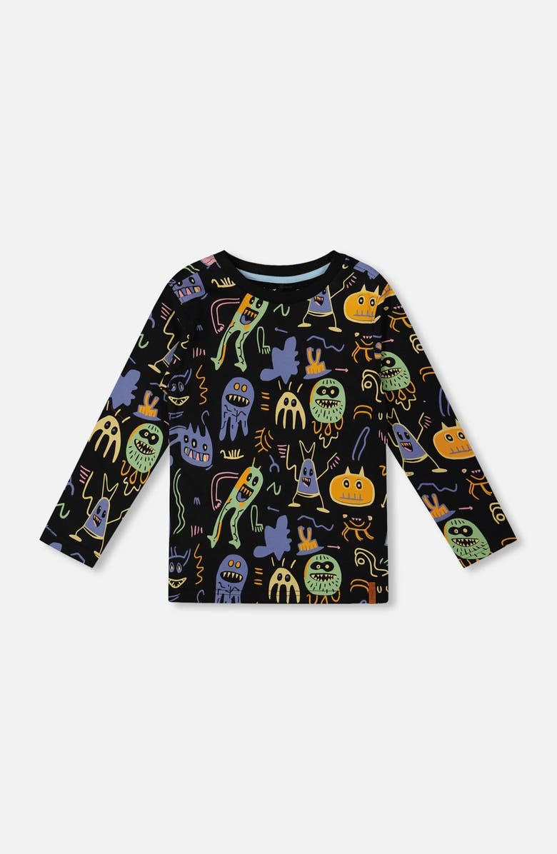 Deux par Deux Long Sleeve Organic Cotton Allover Monsters Tee, Main, color,