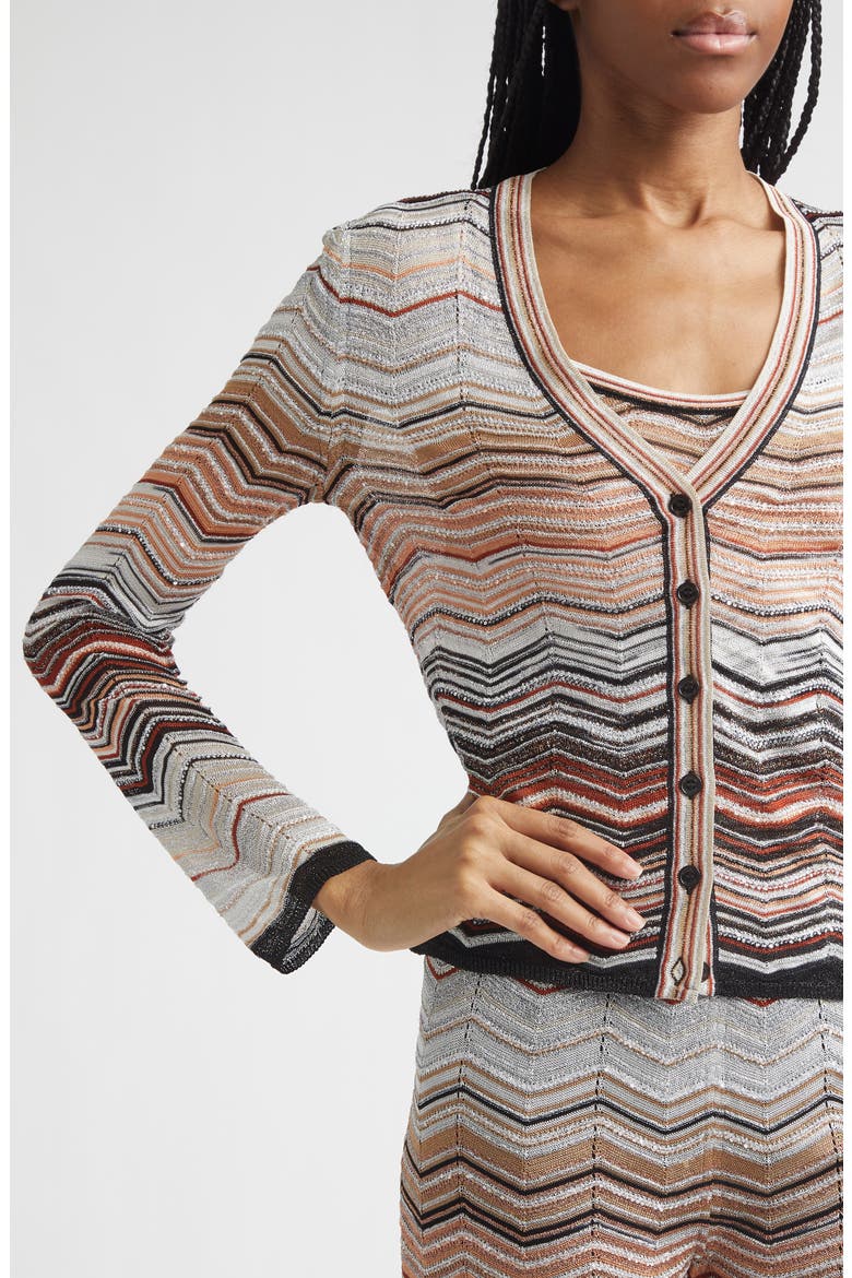 Zigzag Lamé Cardigan, Alternate, color, RED AND BEIGE TONES