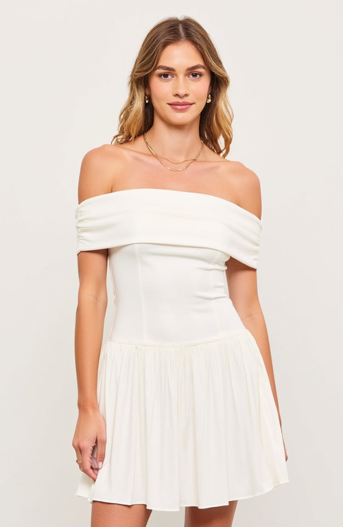 Modenaire Off-shoulder Ruched Bodice Mini Dress With Flowy Skirt In White