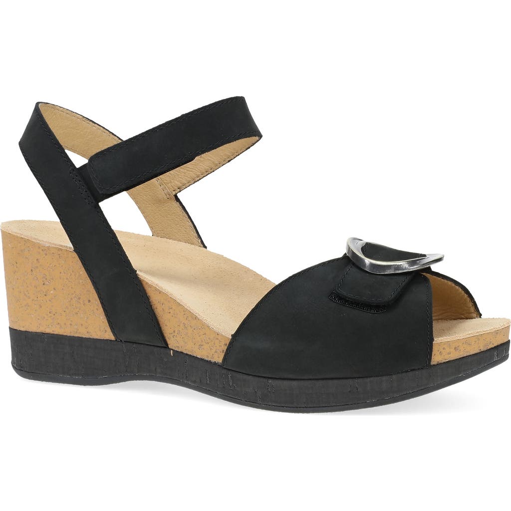 Dansko Stella Ankle Strap Platform Wedge Sandal In Black Milled Nubuck